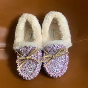 Crewcut glitter moccasins with shearling lining in almost new condition.